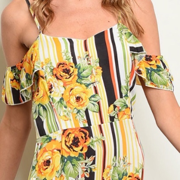 YELLOW FLORAL COLD SHOULDER STRIPE DRESS - Picture 2 of 8